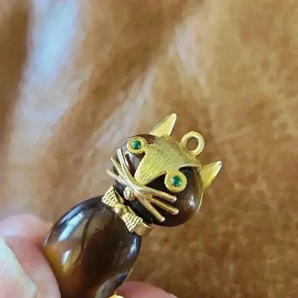 Vtg Hobco Tiger Eye Quartz Cat Charm Necklace Pendant - Picture 8 of 14